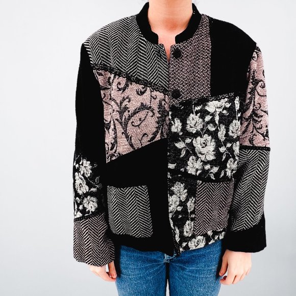 Vintage Koret Black & Pink Mix Pattern Floral Button Up Textured Jacket - Size 1 - Picture 1 of 8
